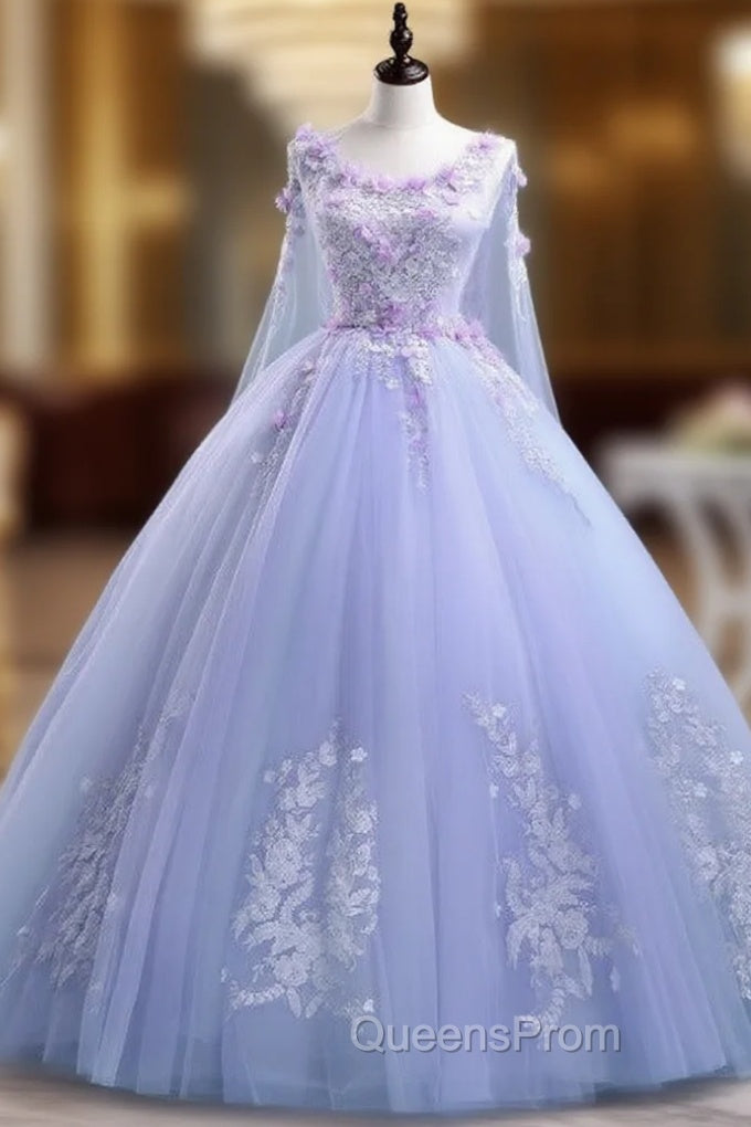 Lovely Lavender Tulle Flower Lace Ball Gown Evening Gown, Lavender Sweet 16 Dress Main image