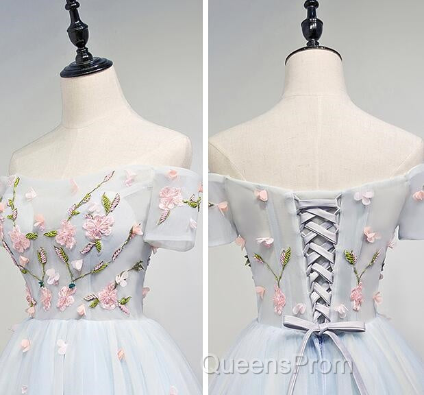 Lovely Light Blue Tulle Knee Length Homecoming Dress, Cute Floral Party Dress