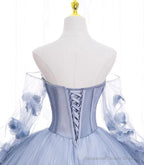 Lovely Light Blue Tulle Long Sleeves Sweet 16 Dress, Light Blue Flowers Formal Dress.