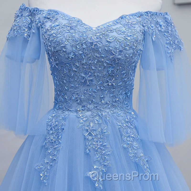 Lovely Light Blue With Lace Off Shoulder Short Evening Prom Dress, Blue Homecoming Dress
