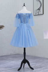 Lovely Light Blue With Lace Off Shoulder Short Evening Prom Dress, Blue Homecoming Dress