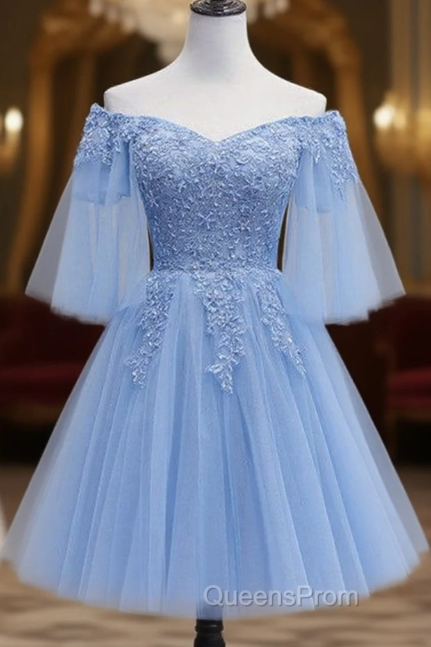 Lovely Light Blue With Lace Off Shoulder Short Evening Prom Dress, Blue Homecoming Dress Main image