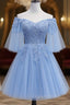 Lovely Light Blue With Lace Off Shoulder Short Evening Prom Dress, Blue Homecoming Dress