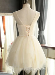 Lovely Light Champagne Short Tulle Party Dress, Cute Evening Prom Dress, Homecoming Dress For Teens