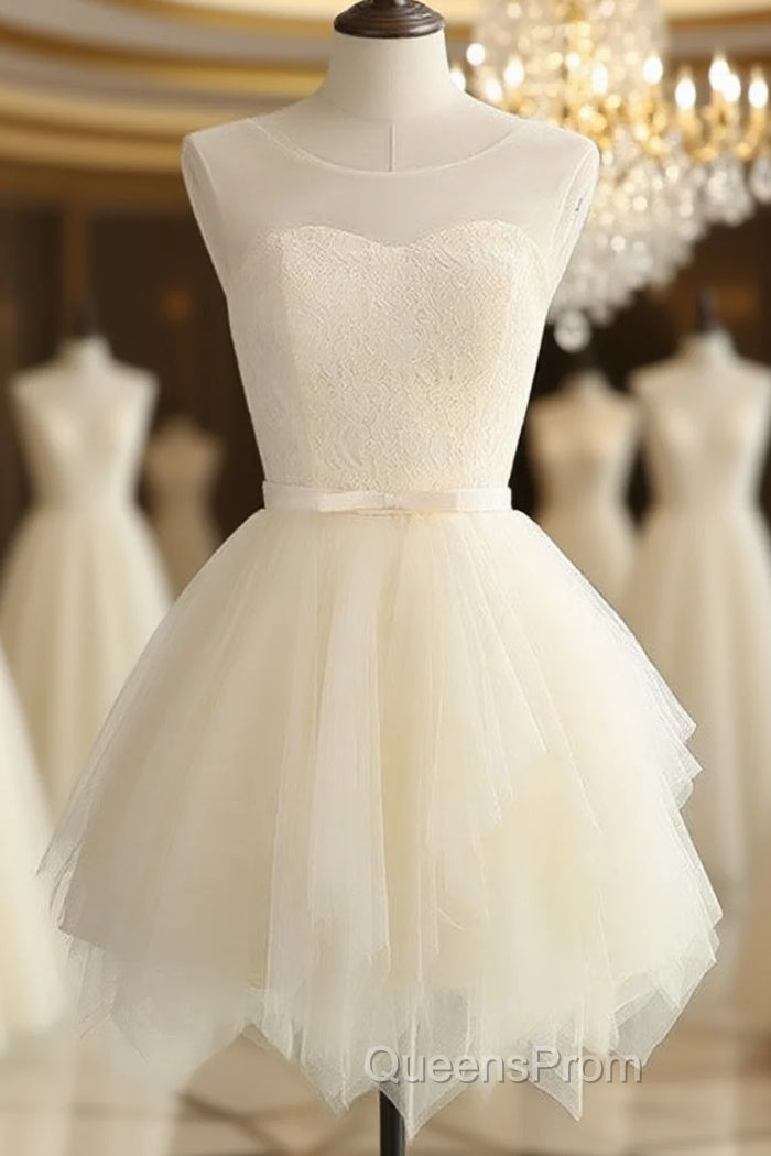 Lovely Light Champagne Short Tulle Party Dress, Cute Evening Prom Dress, Homecoming Dress For Teens