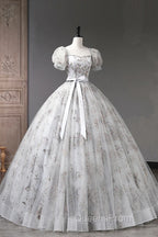 Lovely Light Grey Tulle Sequins Long Evening Prom Dress, A-Line Grey Evening Party Dress