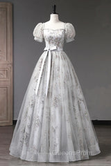 Lovely Light Grey Tulle Sequins Long Evening Prom Dress, A-Line Grey Evening Party Dress