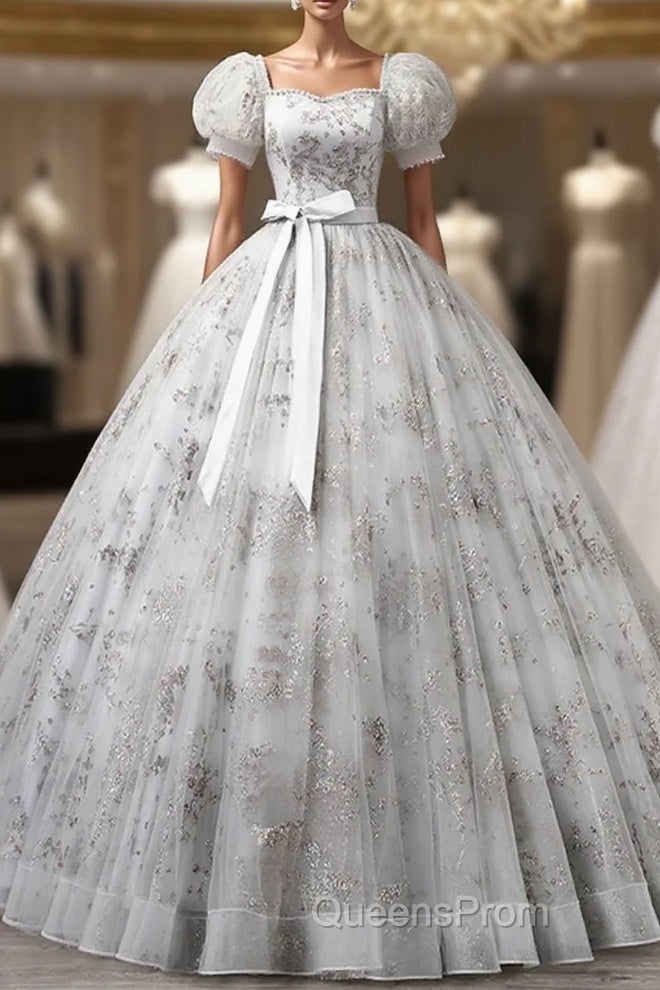 Lovely Light Grey Tulle Sequins Long Evening Prom Dress, A-Line Grey Evening Party Dress Main image