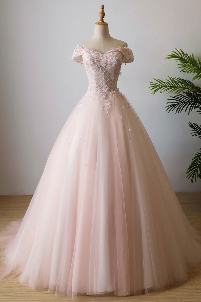 Lovely Light Pink Sweetheart Flowers Tulle Party Dress, Pink Classy Prom Dress