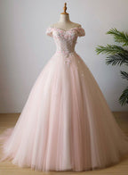 Lovely Light Pink Sweetheart Flowers Tulle Party Dress, Pink Classy Prom Dress