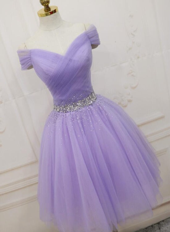 Lovely Light Purple Beaded Short Party Dress, Off Shoulder Homecoming Dress Main image