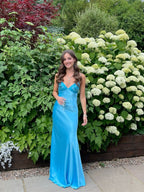 Lovely Long Blue Straps Sweetheart Party Dress Classy Dress, Blue Satin Classy Prom Dress