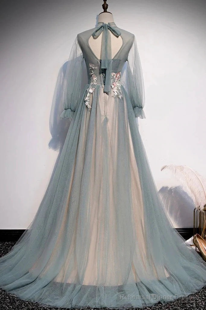 Lovely Long Sleeves Tulle Prom Dress with Flowers, Unique Long Prom Dress with  Lace Applique