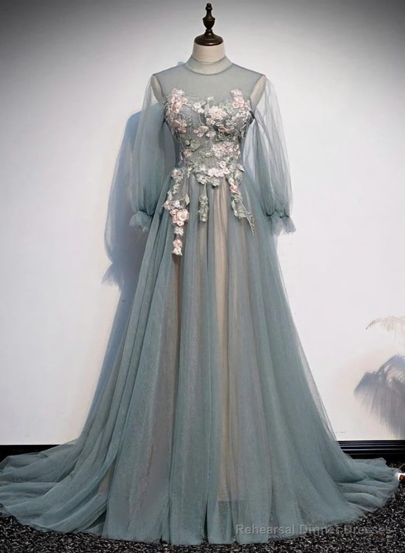 Lovely Long Sleeves Tulle Prom Dress with Flowers, Unique Long Prom Dress with  Lace Applique Secondary image