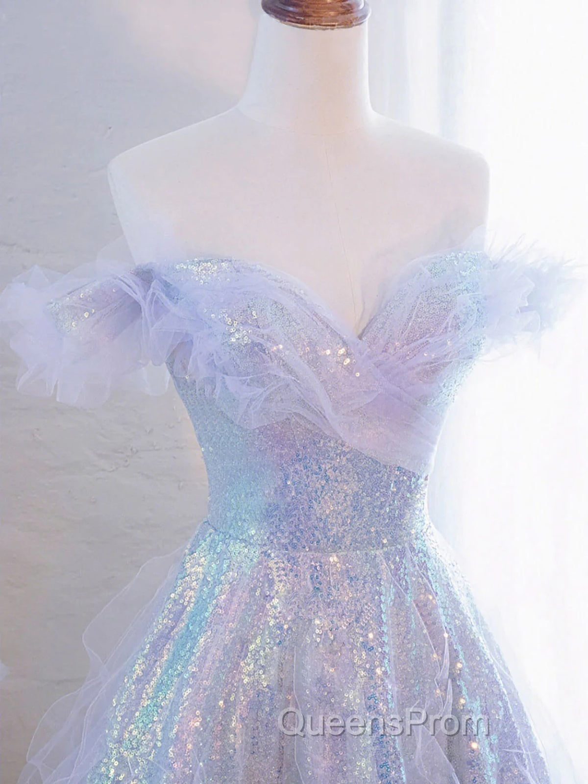 Lovely Off Shoulder A-Line Tulle And Sequins Evening Prom Dress, Sweetheart Long Evening Dress