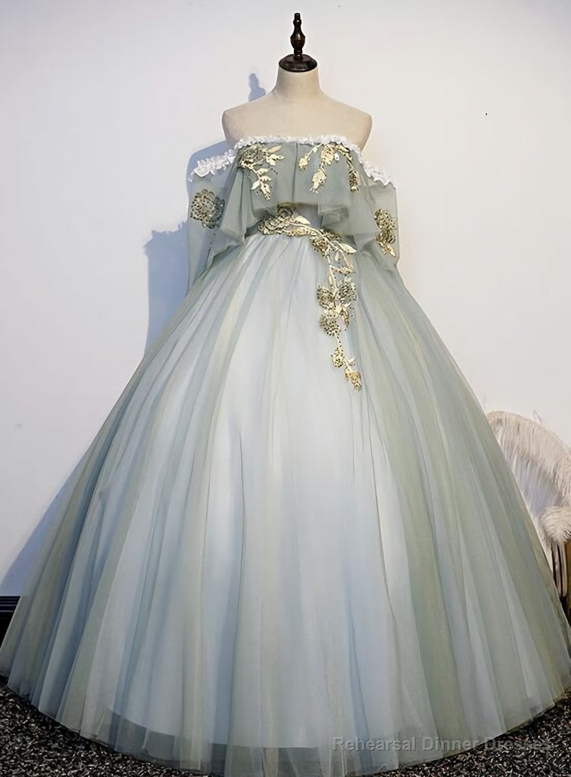 Lovely Off Shoulder Light Green Ball Gown Sweet 16 Dress, Charming Lace Long Formal Dress Secondary image