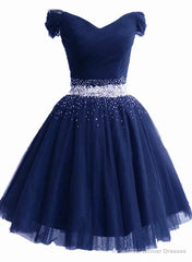 Lovely Off Shoulder Navy Blue Beaded Homecoming Dress, Short Prom Dress