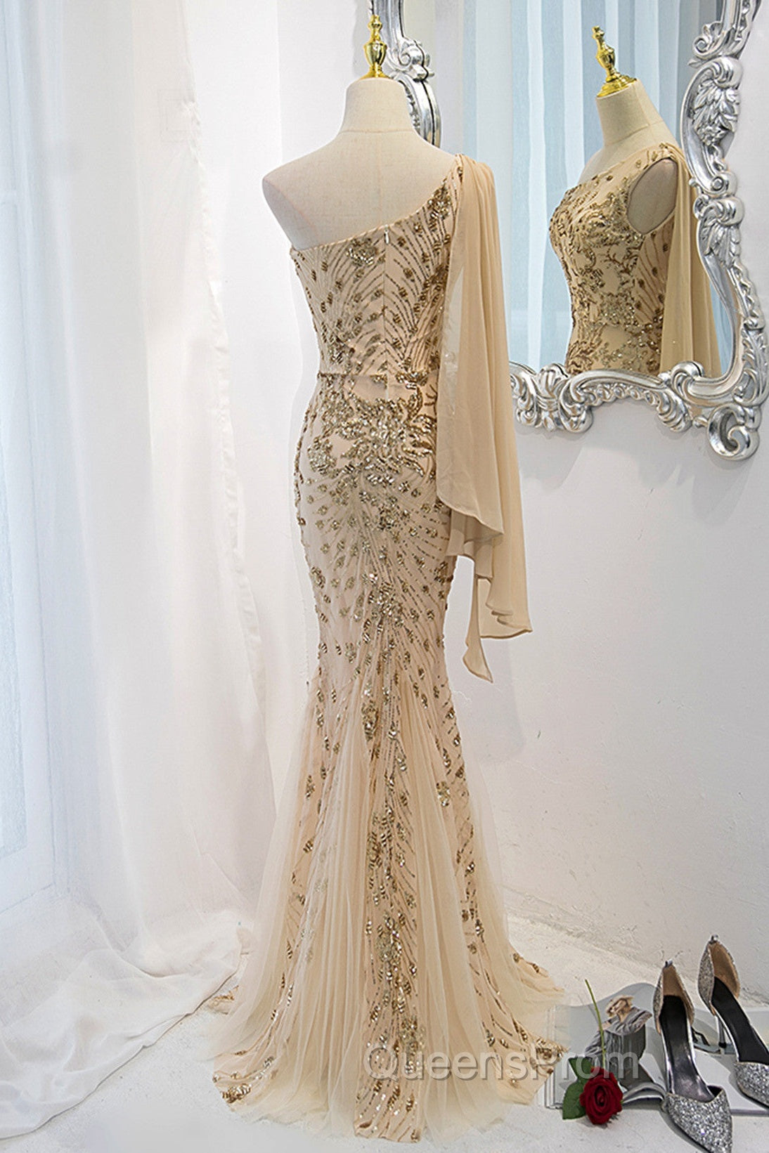 Lovely One Shoulder Champagne Sequins Mermaid Evening Prom Dress, Champagne Evening Dress Secondary image