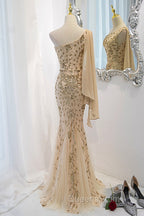 Lovely One Shoulder Champagne Sequins Mermaid Evening Prom Dress, Champagne Evening Dress