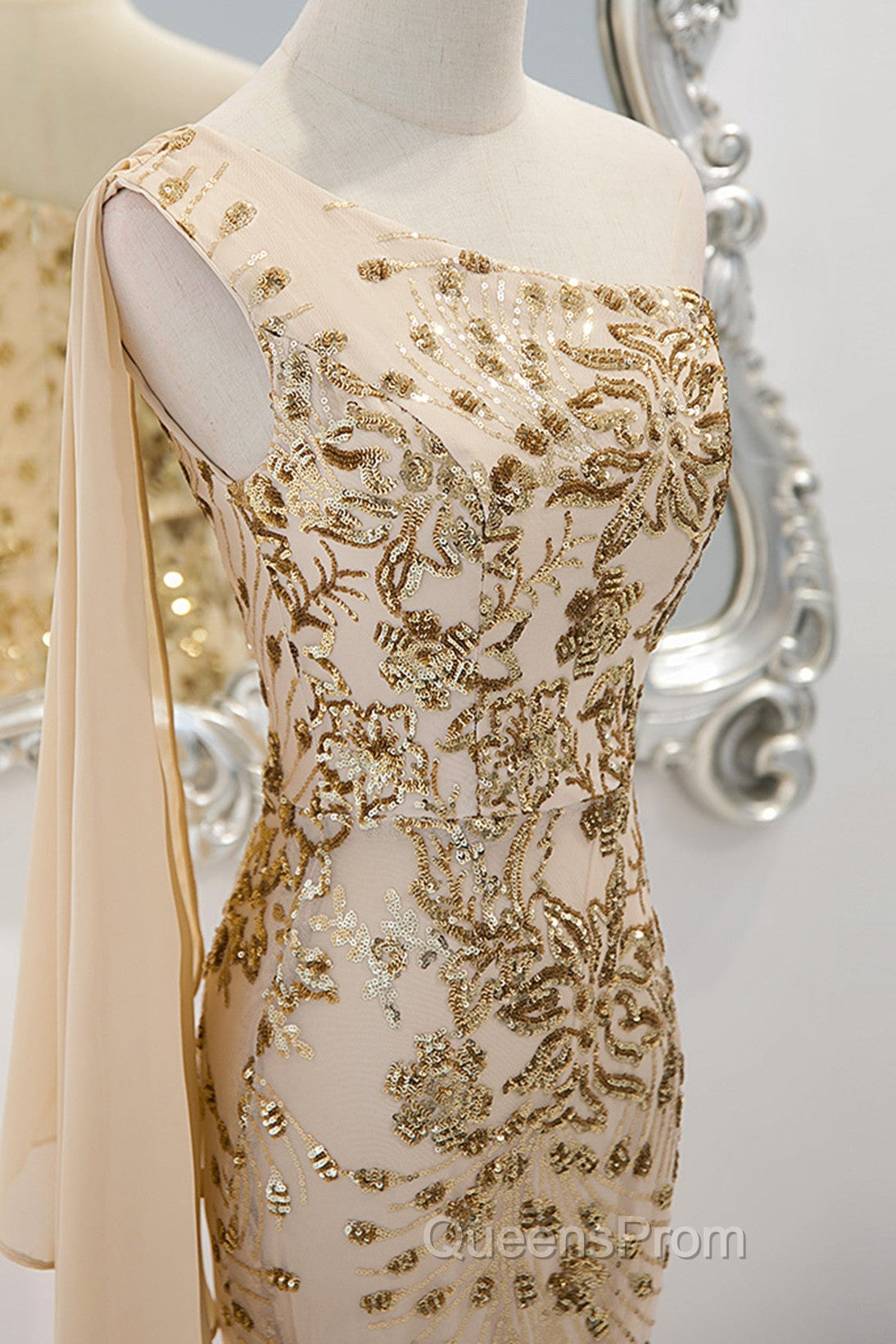 Lovely One Shoulder Champagne Sequins Mermaid Evening Prom Dress, Champagne Evening Dress