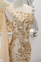 Lovely One Shoulder Champagne Sequins Mermaid Evening Prom Dress, Champagne Evening Dress