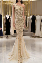 Lovely One Shoulder Champagne Sequins Mermaid Evening Prom Dress, Champagne Evening Dress