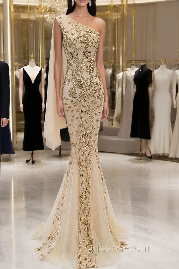 Lovely One Shoulder Champagne Sequins Mermaid Evening Prom Dress, Champagne Evening Dress