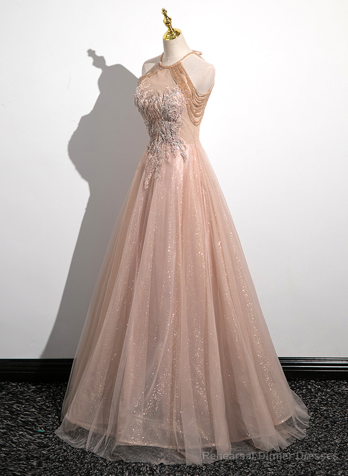 Lovely Pearl Pink Halter Tulle with Lace Applique Party Dress, A-line Tulle Long Prom Dress Main image