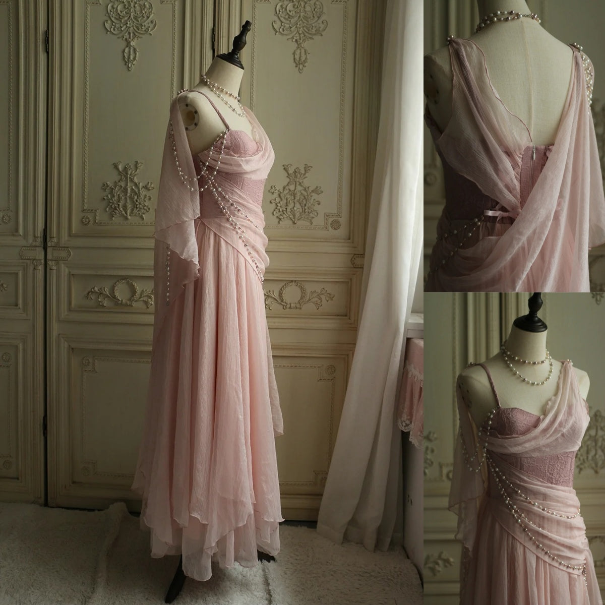 Affordable Classy Prom Dress Under $165||Lovely Pink Chiffon Classy Prom Dress Princess Pearls Spaghetti Straps Classy Evening Dress
