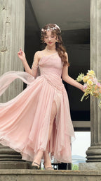 Affordable Classy Prom Dress Under $165||Lovely Pink Chiffon Classy Prom Dress Princess Pearls Spaghetti Straps Classy Evening Dress