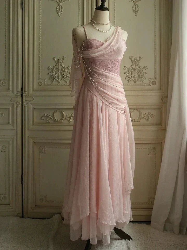 Affordable Classy Prom Dress Under $165||Lovely Pink Chiffon Classy Prom Dress Princess Pearls Spaghetti Straps Classy Evening Dress Main image