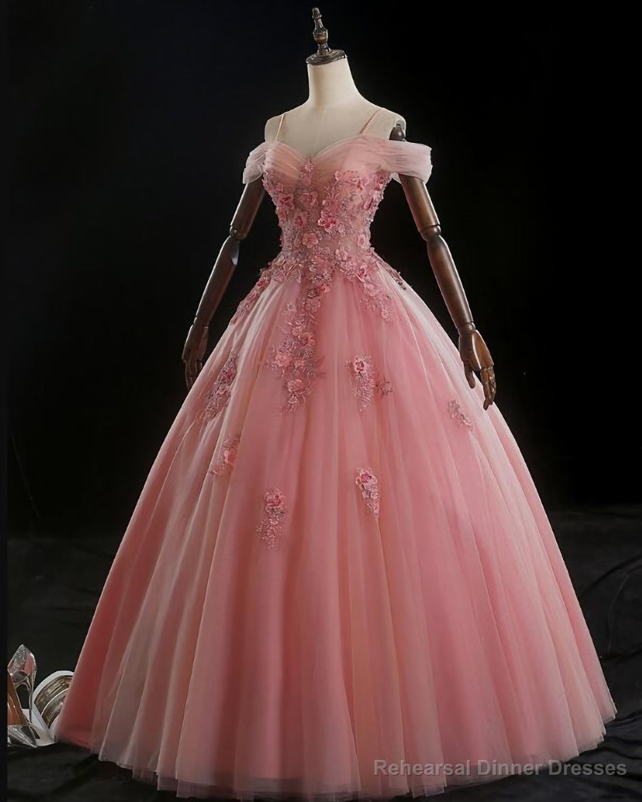 Lovely Pink Floral Tulle Off Shoulder Flowers Princess Gown, Pink Sweet 16 Formal Dresses Main image