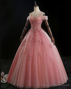 Lovely Pink Floral Tulle Off Shoulder Flowers Princess Gown, Pink Sweet 16 Formal Dresses