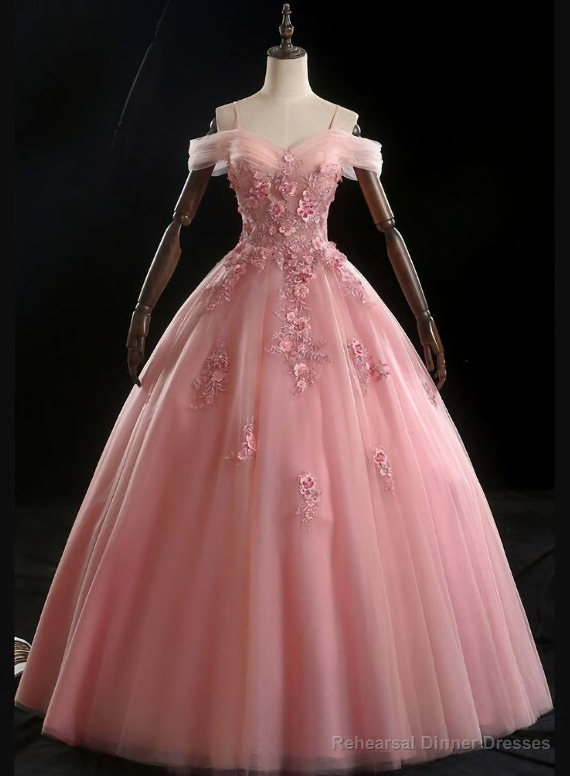 Lovely Pink Floral Tulle Off Shoulder Flowers Princess Gown, Pink Sweet 16 Formal Dresses Secondary image