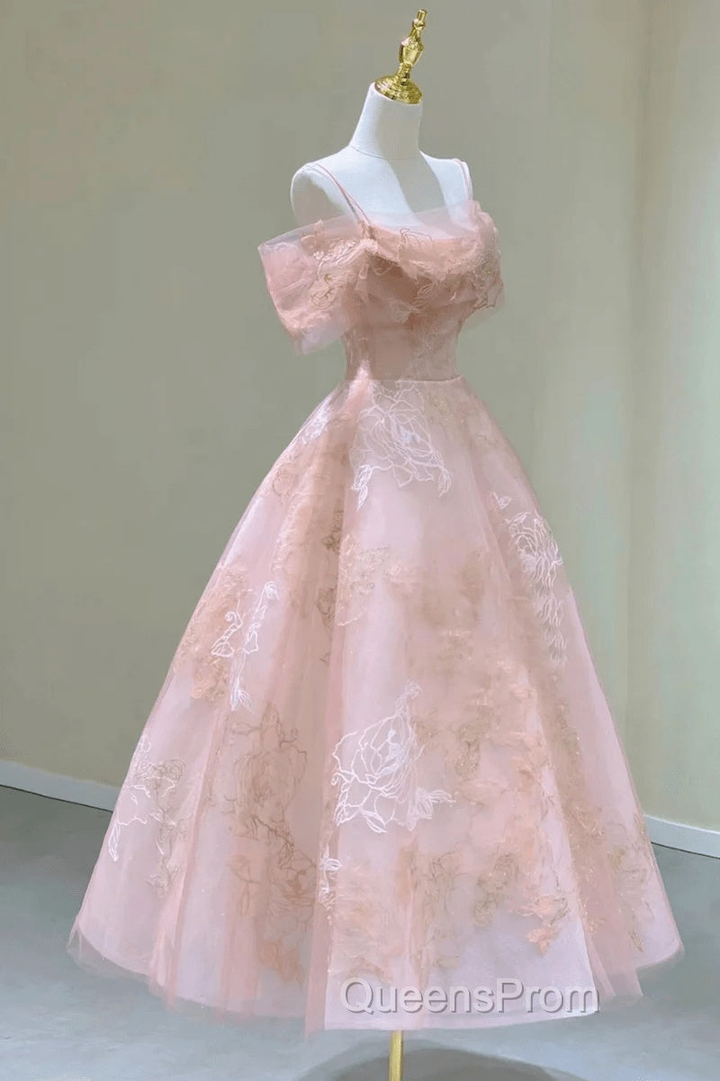 Lovely Pink Tea Length Straps Tulle Formal Dress, Pink Tea Length Evening Prom Dress Secondary image