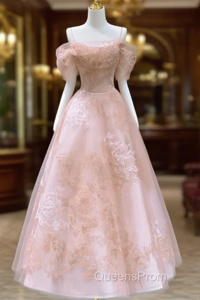 Lovely Pink Tea Length Straps Tulle Formal Dress, Pink Tea Length Evening Prom Dress Main image
