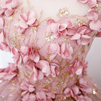 Lovely Pink Tulle Long Party Dress With Flowers, Pink Tulle Sweet 16 Gown