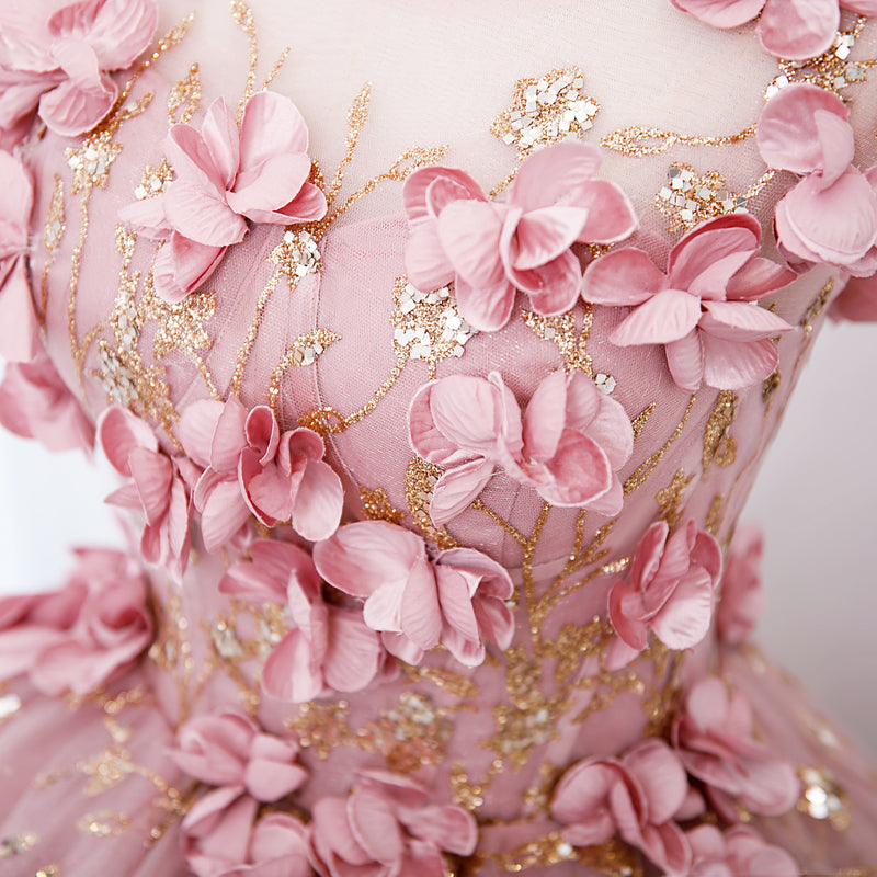 Lovely Pink Tulle Long Party Dress With Flowers, Pink Tulle Sweet 16 Gown