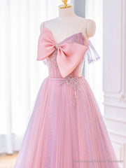 Lovely Pink Tulle Long Prom Dress with Bow Pink Formal Dresses prom dresses shops