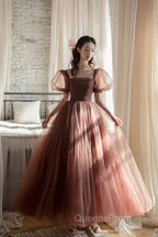 Lovely Puffy Sleeves Tulle Long Party Dress, Scoop Ball Gown Long Evening Prom Dress