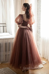 Lovely Puffy Sleeves Tulle Long Party Dress, Scoop Ball Gown Long Evening Prom Dress