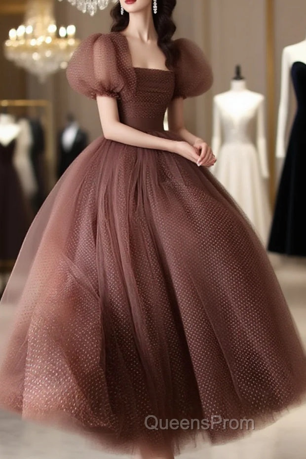 Lovely Puffy Sleeves Tulle Long Party Dress, Scoop Ball Gown Long Evening Prom Dress Main image