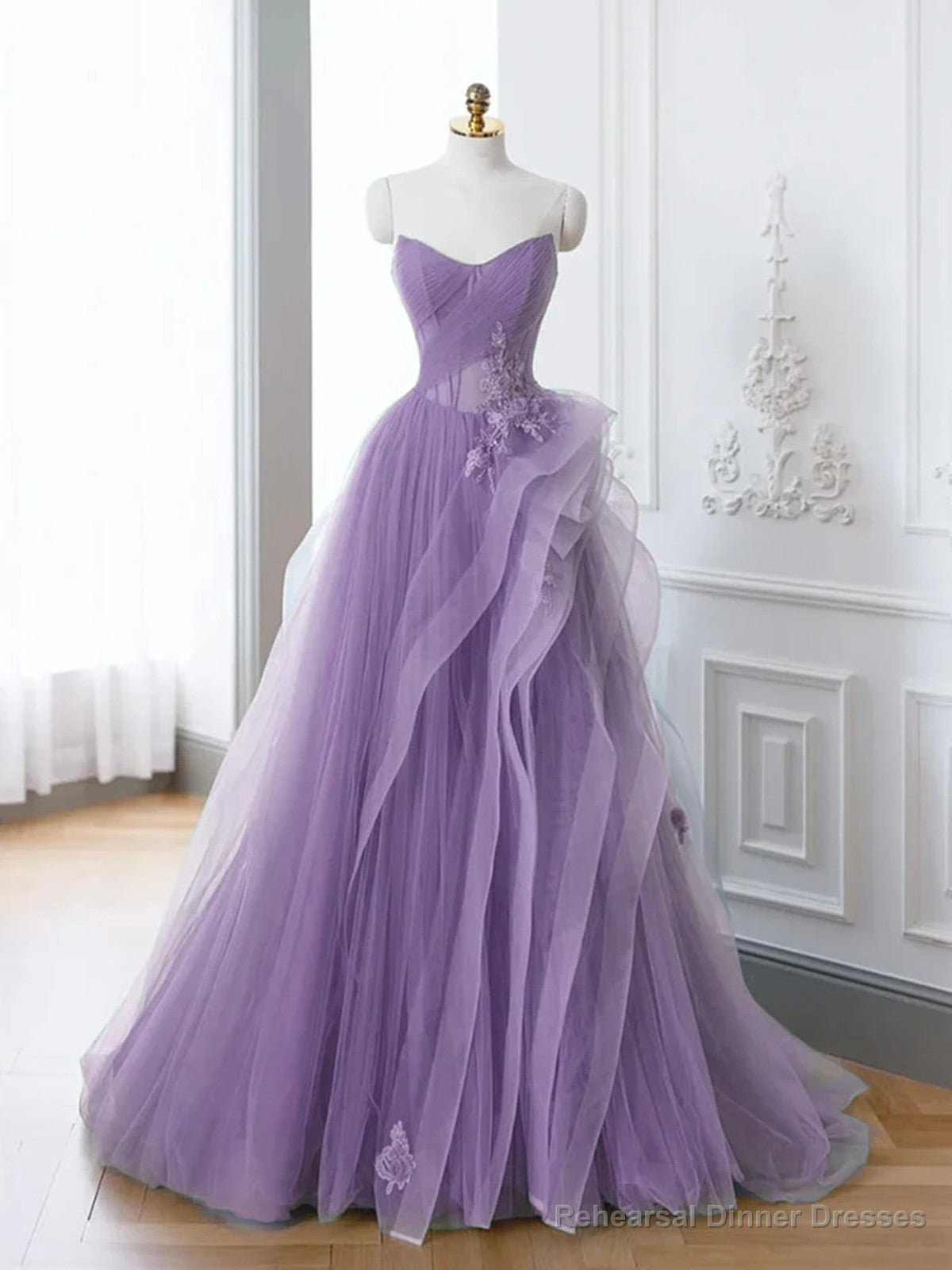 Lovely Purple A-line Tulle with Lace Applique Prom Dress, Purple Long Formal Dress Main image