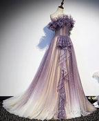 Lovely Purple Shiny Tulle Off Shoulder Evening Dress, Purple Long Evening Prom Dress