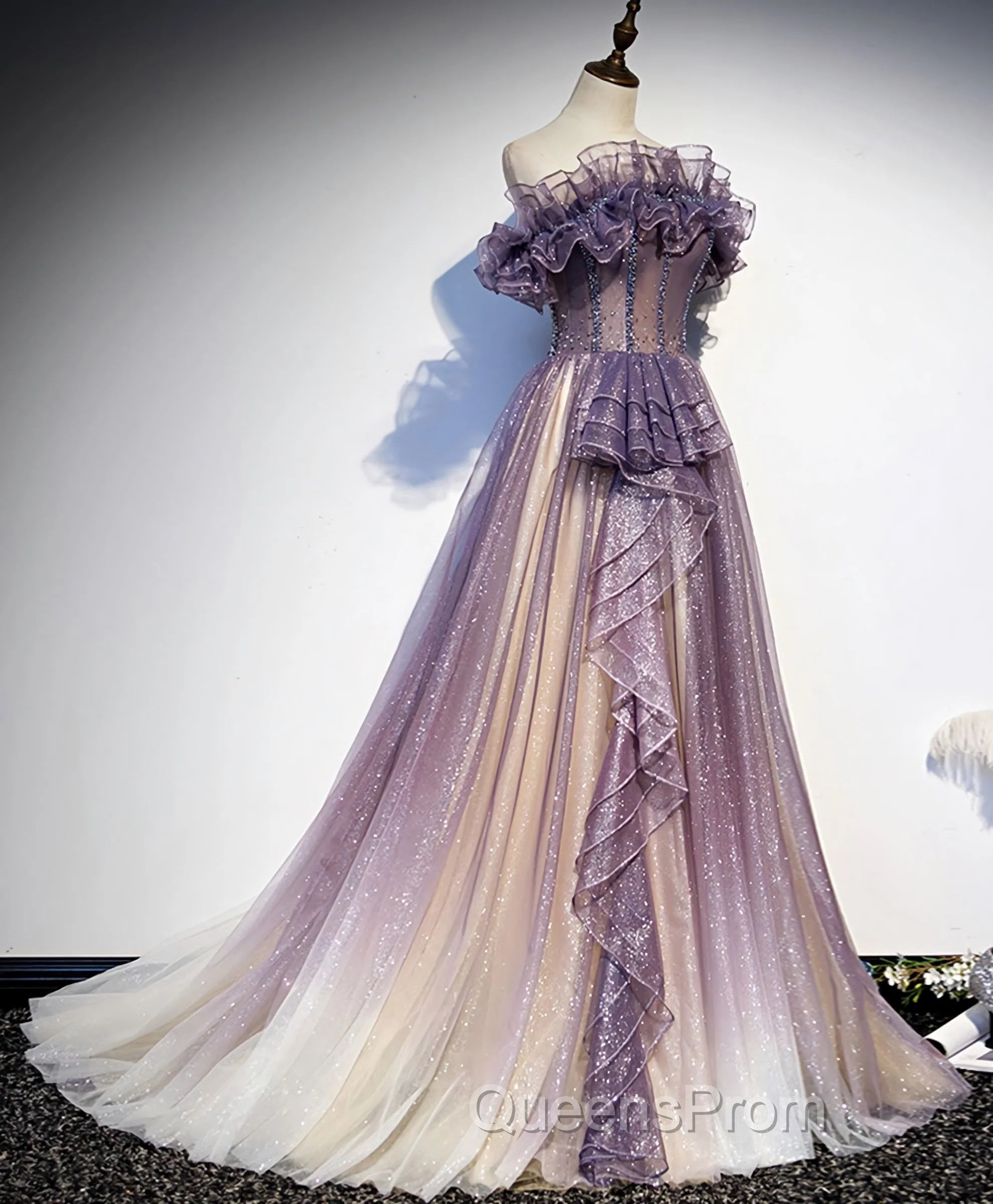 Lovely Purple Shiny Tulle Off Shoulder Evening Dress, Purple Long Evening Prom Dress