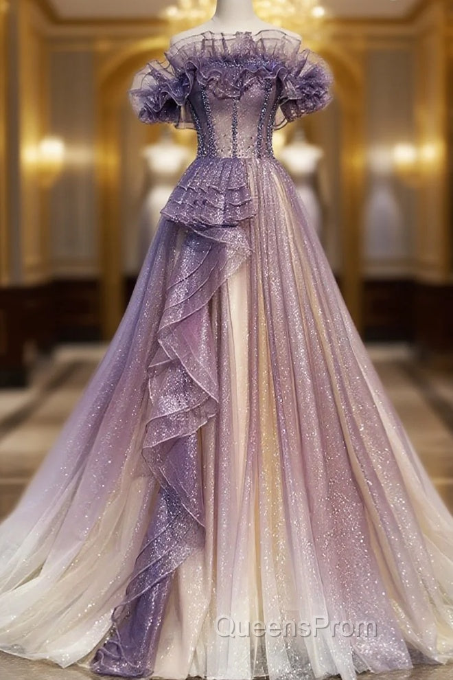 Lovely Purple Shiny Tulle Off Shoulder Evening Dress, Purple Long Evening Prom Dress Main image