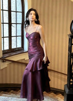 Lovely Satin Purple Straps Mermaid Long Classy Dress, Purple Classy Prom Dress Party Dress