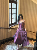 Lovely Satin Purple Straps Mermaid Long Classy Dress, Purple Classy Prom Dress Party Dress