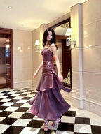 Lovely Satin Purple Straps Mermaid Long Classy Dress, Purple Classy Prom Dress Party Dress
