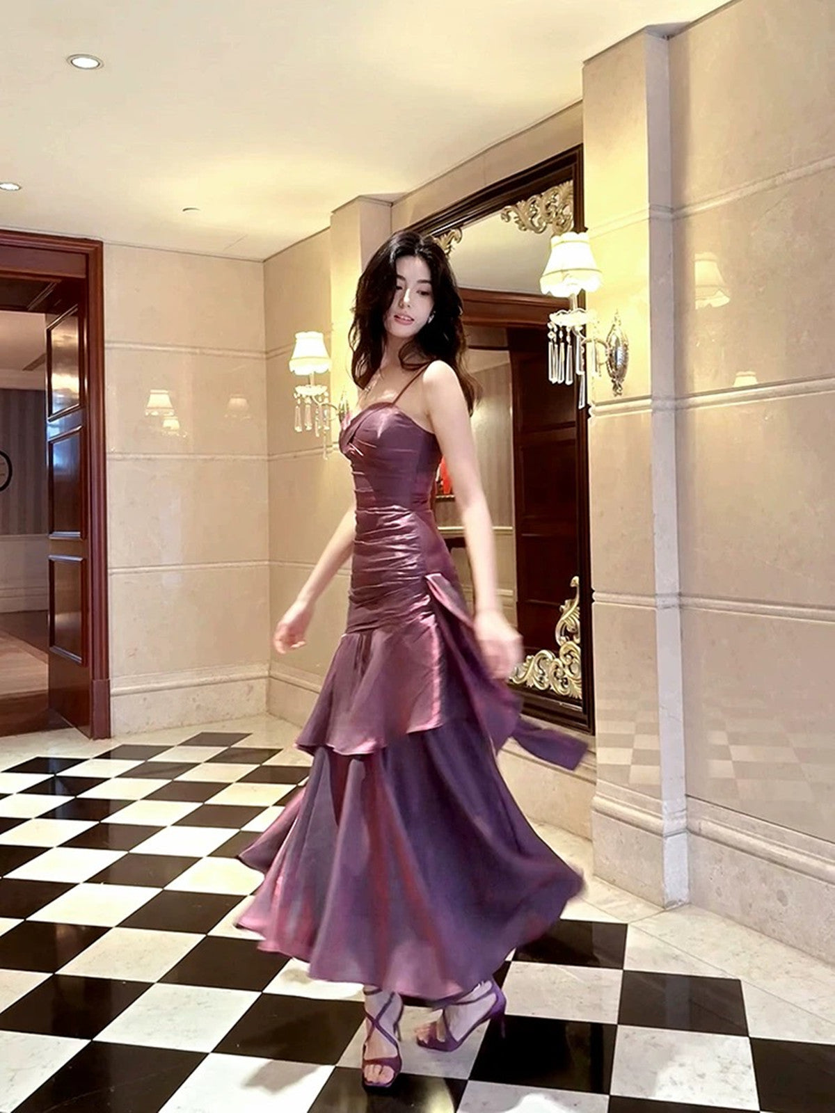 Lovely Satin Purple Straps Mermaid Long Classy Dress, Purple Classy Prom Dress Party Dress